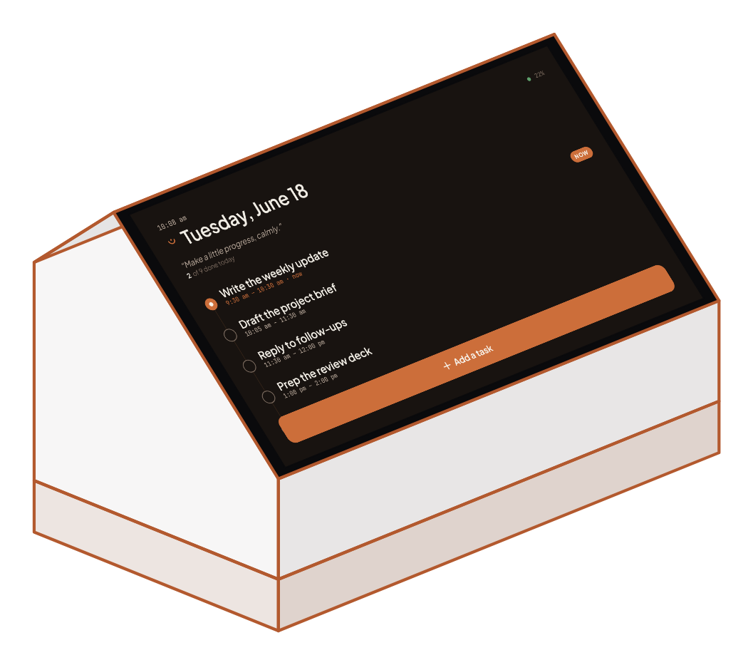 The Sempa Dock in dark mode — a small angled Raspberry Pi touch appliance showing Tuesday June 18, the day's tasks on a vertical thread, and an Add a task button.