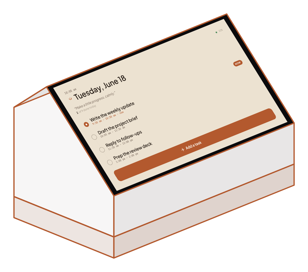 The Sempa Dock — a small angled Raspberry Pi touch appliance on a desk, its light paper-style screen showing Tuesday June 18, the day's tasks strung on a vertical thread, and an Add a task button.